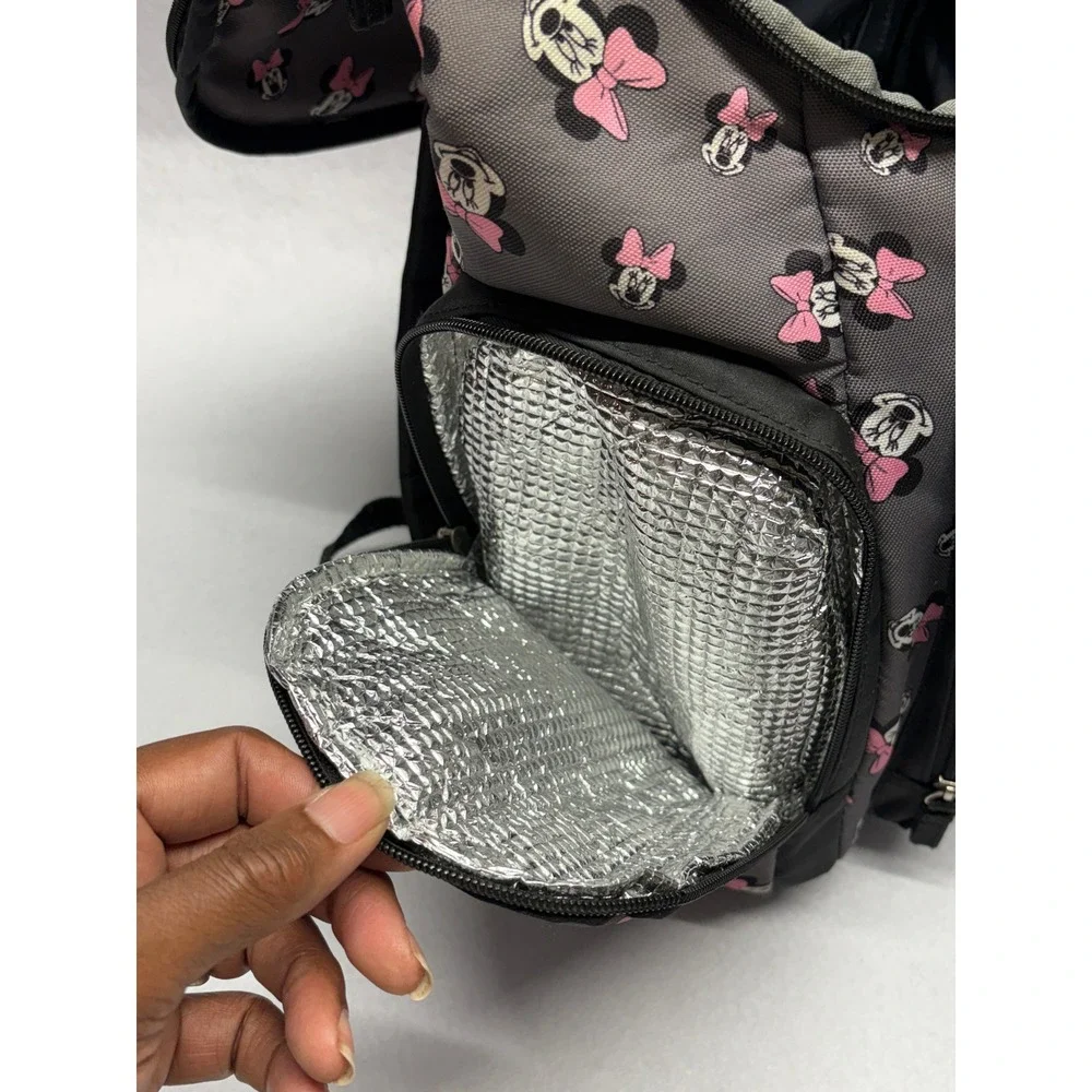 Disney Minnie Mouse Diaper Bag Backpack Gray Pink Bow Insulated Pocket Padded